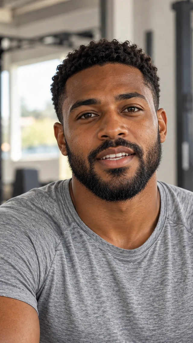 an adult Black man in his thirties in a fitness setting speaks to camera with empty hands.