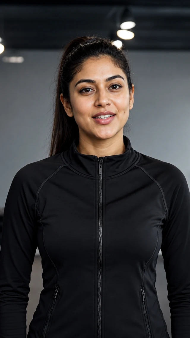 an adult South Asian woman in her thirties in a fitness setting speaks to camera with empty hands.