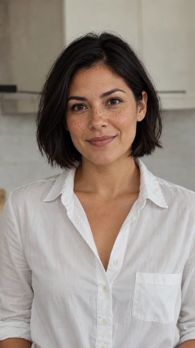 an adult Latina woman in her thirties in a kitchen setting speaks to camera with empty hands.