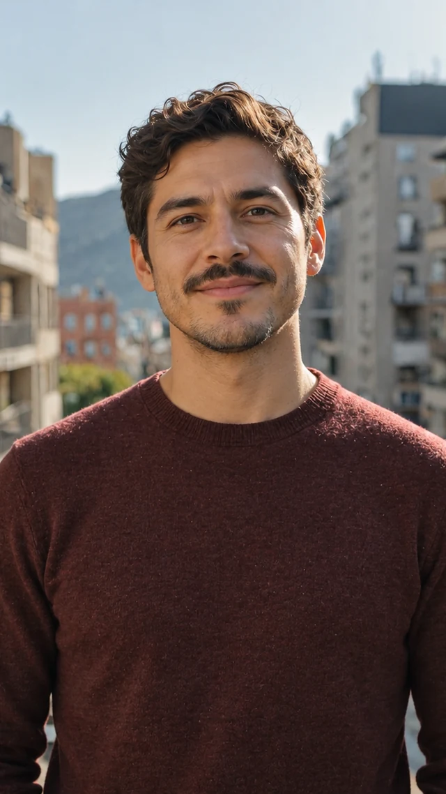 an adult Latino man in his thirties in a outdoor setting speaks to camera with empty hands.