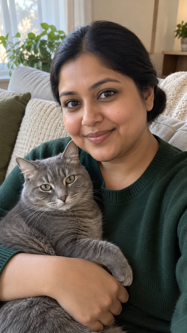 An adult South Asian woman with dark hair in a tidy low bun cuddles a calm gray cat on a sofa.
