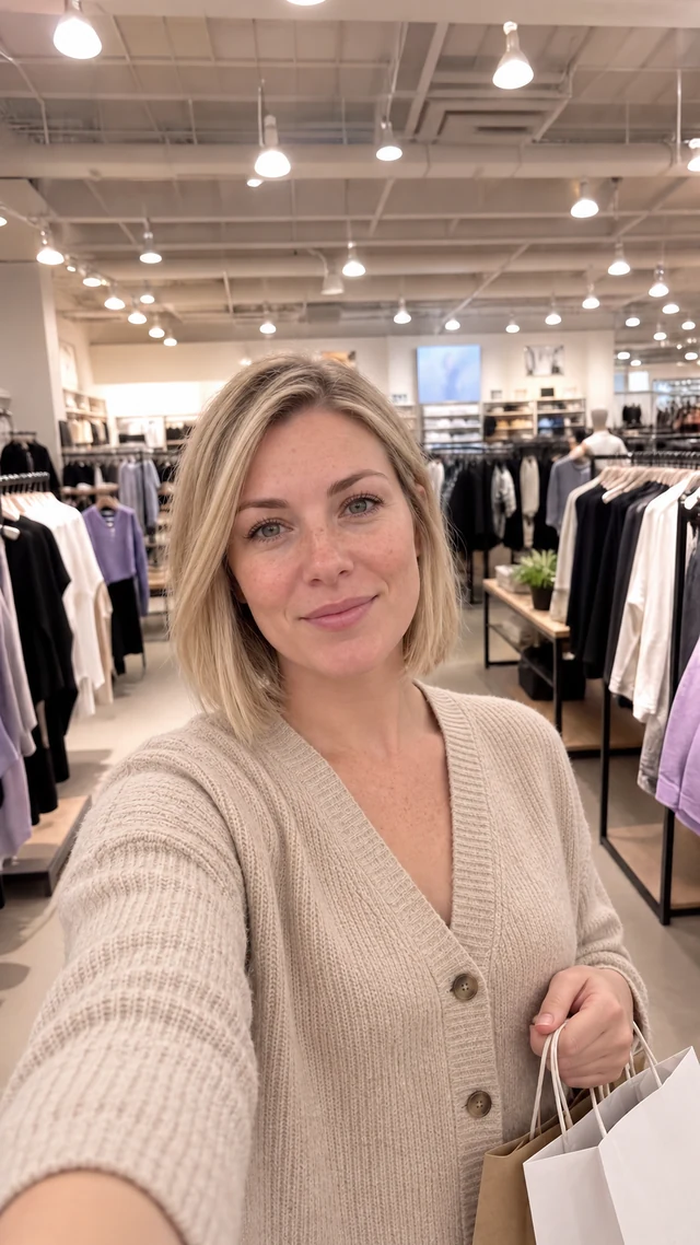 an adult white woman in her thirties in a shopping setting speaks to camera with two plain shopping bags.