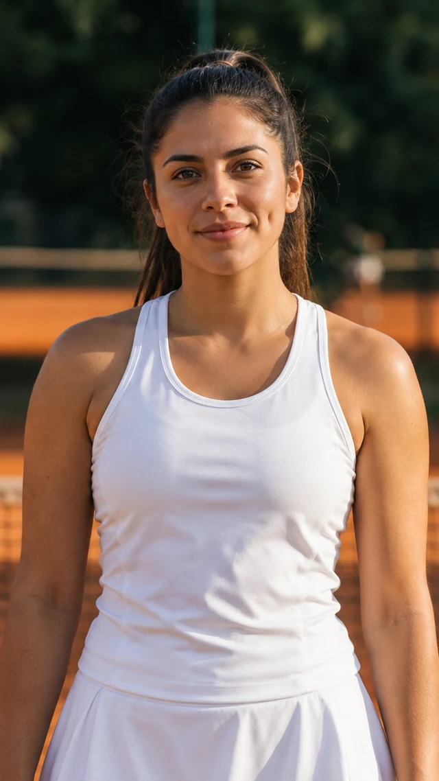 an adult Latina woman in her twenties in a sports setting speaks to camera with empty hands.