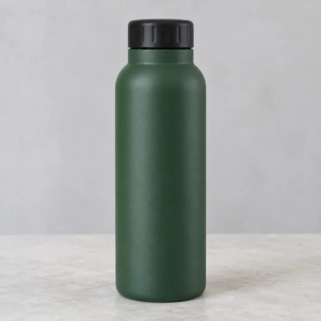 Plain forest-green bottle shown fully from cap to base on a light neutral background.