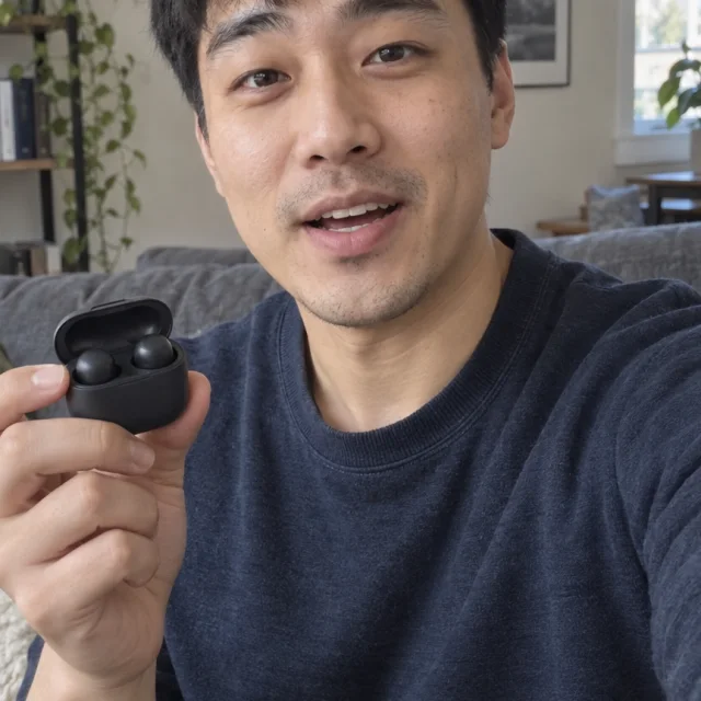 Adult East Asian man holds a plain dark wireless earbud case while speaking to camera in a living room.