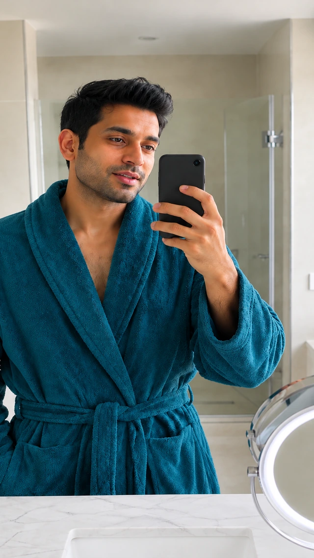 Adult South Asian man with short brushed-up hair gives a bathroom mirror selfie update in a plain teal robe, with a clean counter.