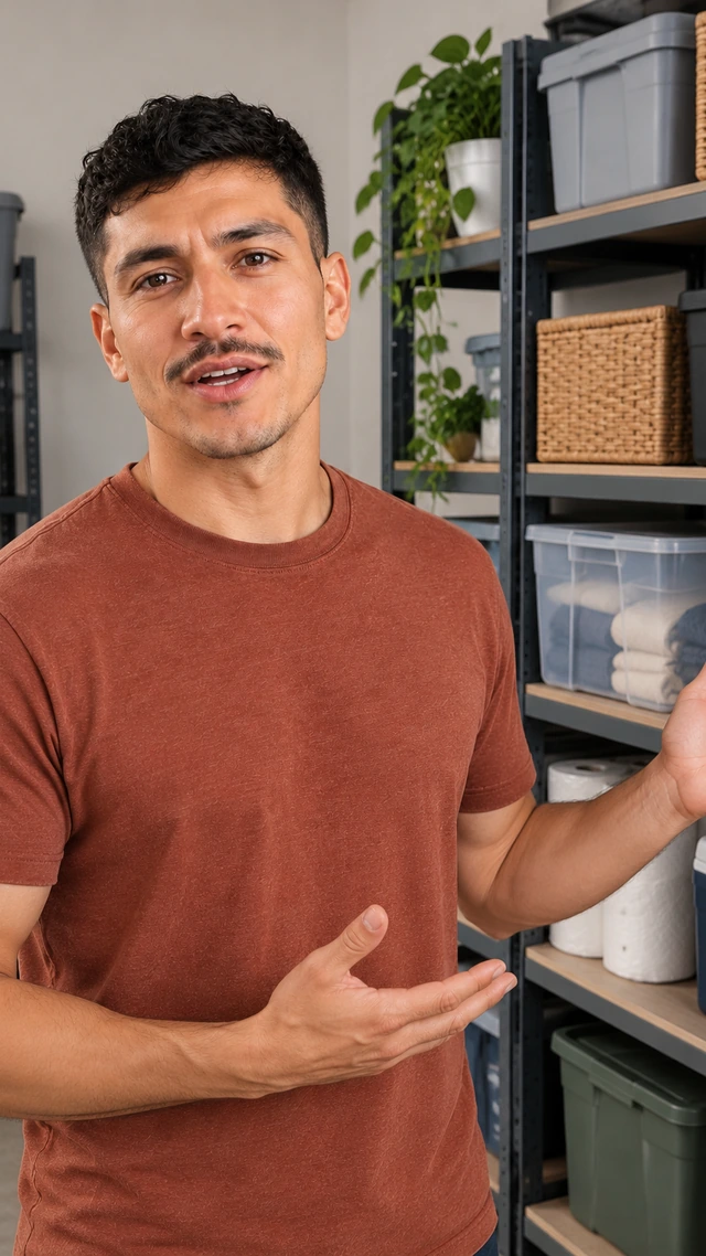 Adult Latino man with a short wavy crop stands beside an organized garage storage shelf and gives a practical update.