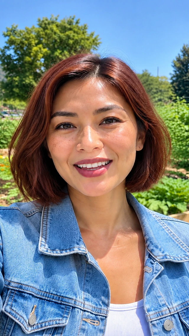 Adult Southeast Asian woman with a chin-length auburn bob stands among garden beds and gives a cheerful garden update.