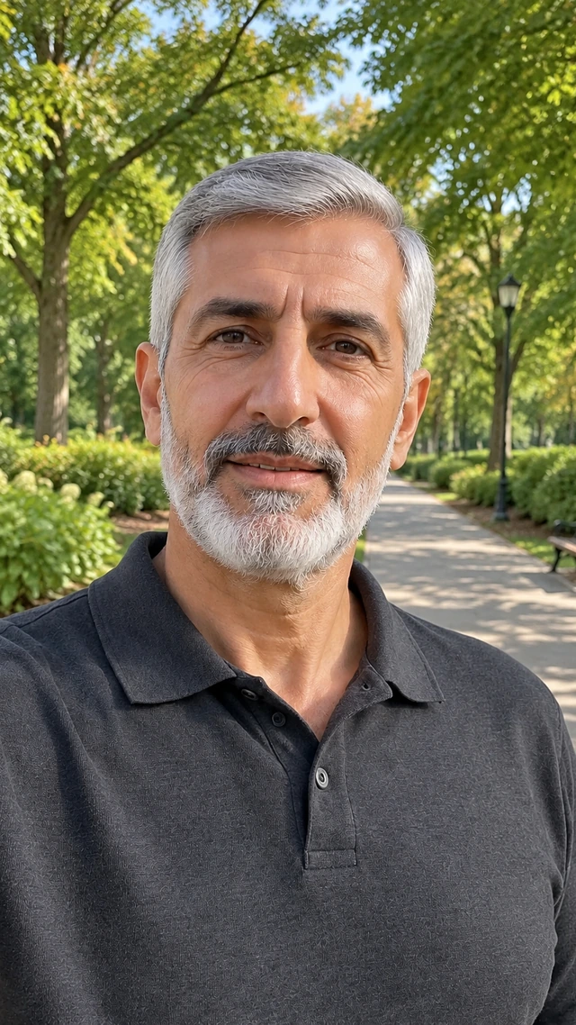 Adult Middle Eastern man with short silver side-part stands beside a leafy park walkway while delivering an outdoor update.