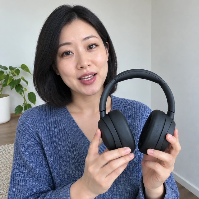 Adult East Asian woman with a straight chin-length black bob holds plain charcoal over-ear headphones while speaking in a simple studio corner.