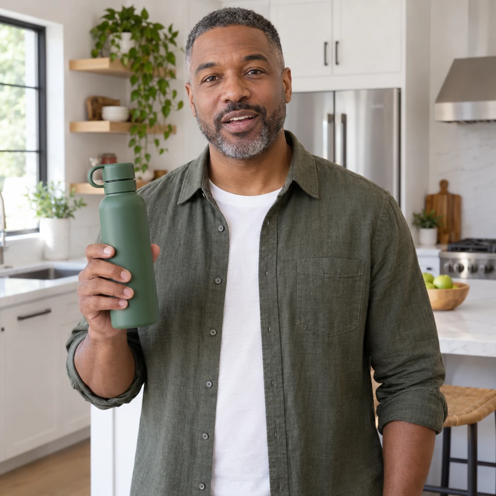 Adult Black man with a short salt-and-pepper fade speaks to camera while holding a plain forest-green water bottle in a bright kitchen.