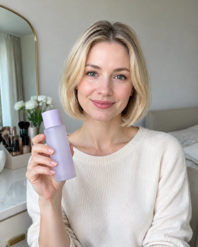 A woman with a short blonde bob holds a blank frosted lilac bottle at a vanity.