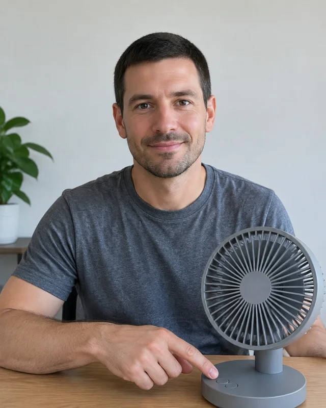 A man with a short dark crop points at the button on a plain gray desk fan.