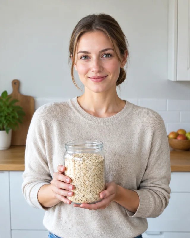 A woman with hair in a low bun holds a blank glass jar of rolled oats.