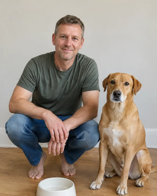 A man with a short sandy crop crouches by a blank pet bowl, a tan dog beside him.