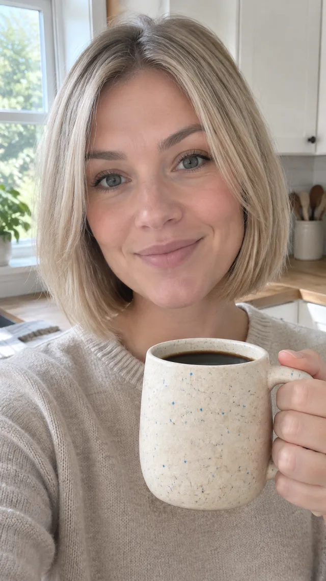 Short-haired woman in a bright kitchen holds the same cream mug with blue flecks and dark coffee.