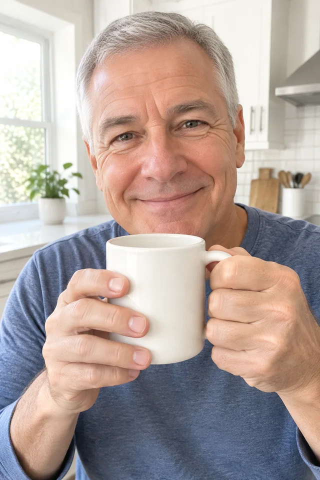 An older man holds the cream ceramic mug with both hands.