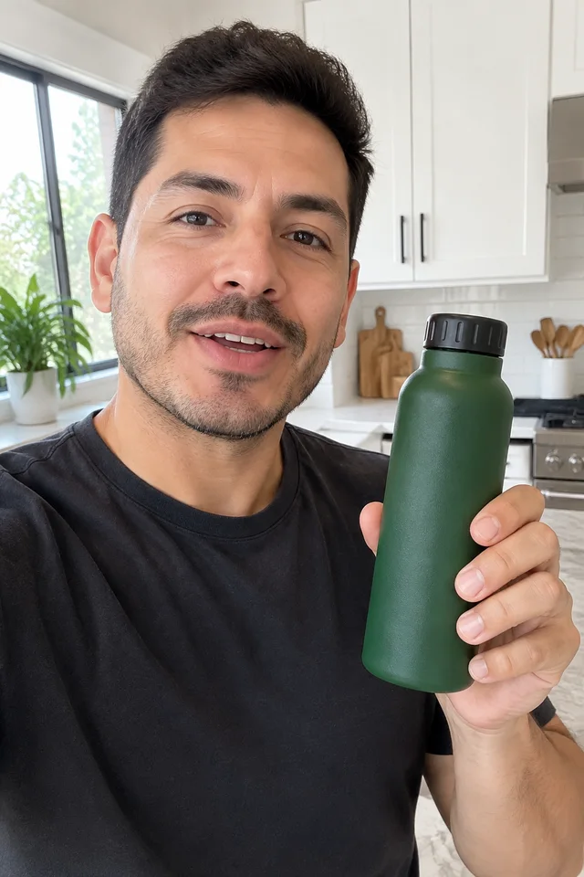 A presenter holds the forest-green bottle at chest height.