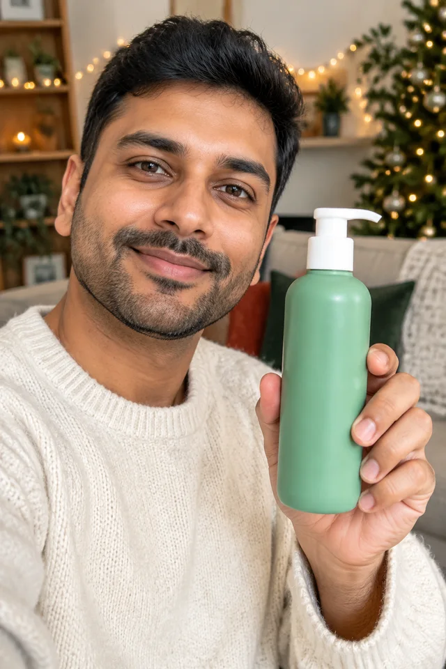 A man holds the sage pump bottle in a room with holiday lights.