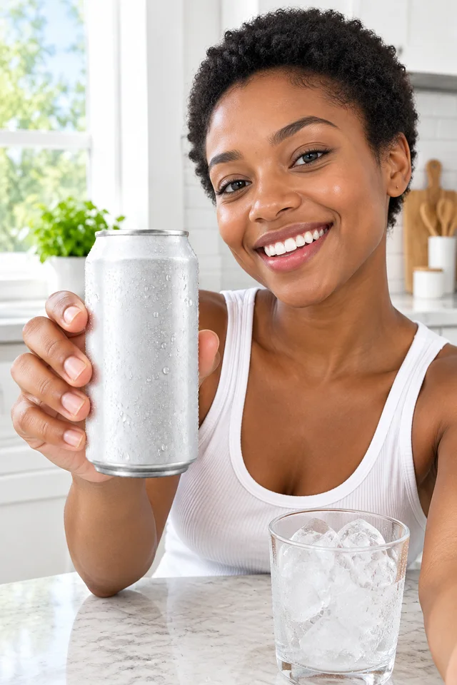 A woman holds the silver soda can beside a glass of ice.