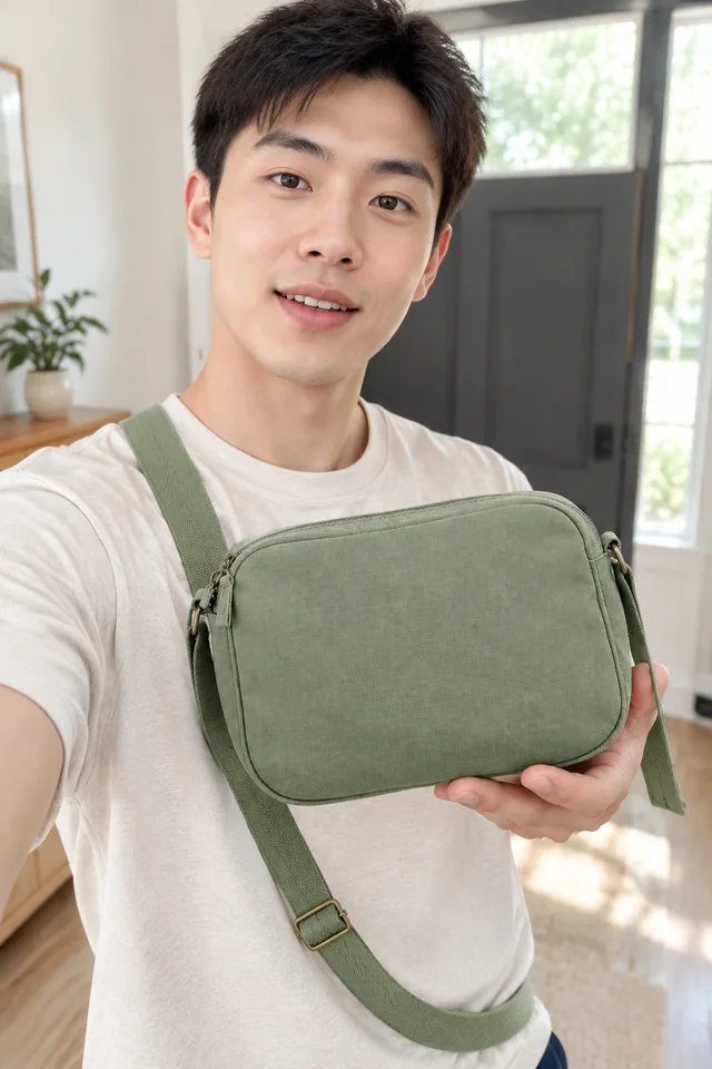 A man wears the sage canvas crossbody bag and holds it forward.