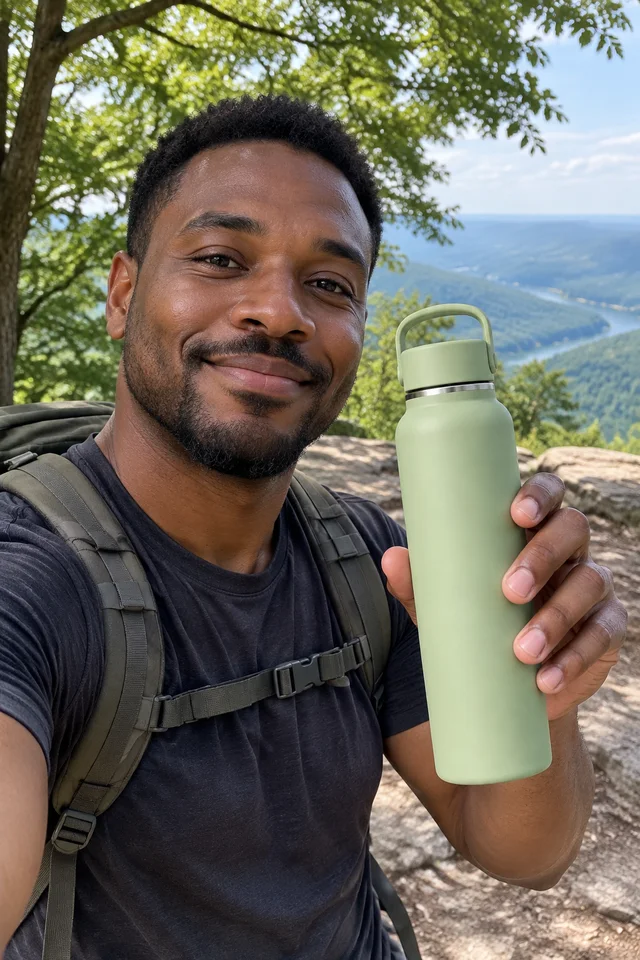 A hiker holds the sage insulated bottle at a trail overlook.