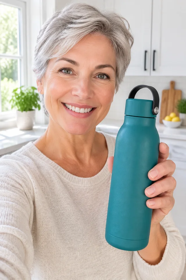 A woman holds the teal insulated bottle in a bright kitchen.