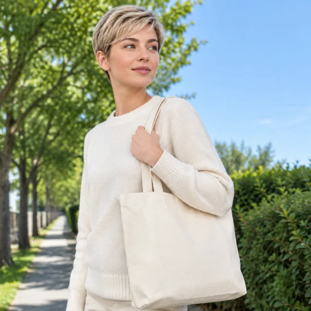 Plain cream canvas tote carried by an adult along a quiet sidewalk.