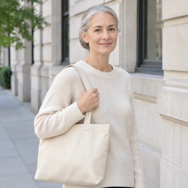 You show how the tote is carried: an adult carries a plain cream canvas tote on a quiet city sidewalk, ready to post.