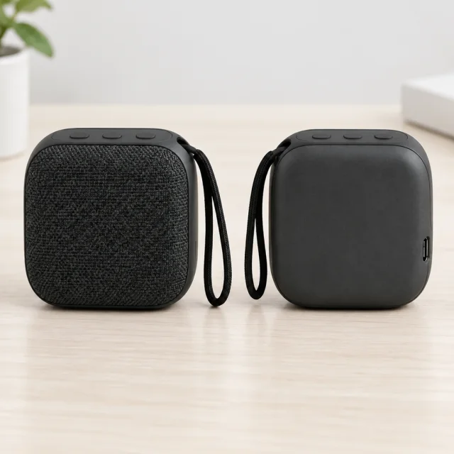 Square front and rear views of the same unbranded black woven portable speaker with a wrist strap, plain unmarked raised controls, and a USB-C port.