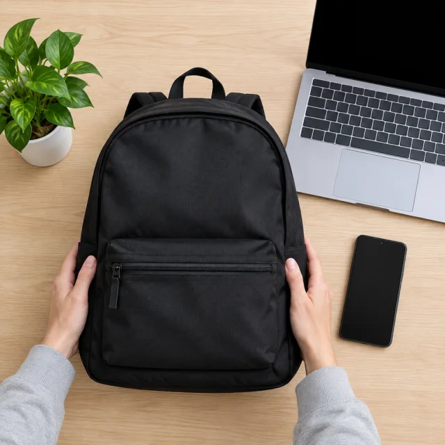 Adult hands hold a plain black travel backpack beside a blank laptop and a blank phone.