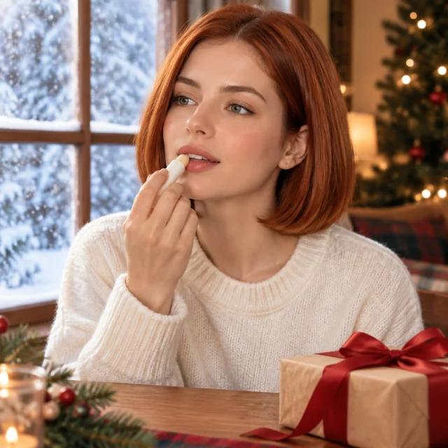 Adult hand applies plain lip balm beside a wrapped gift.
