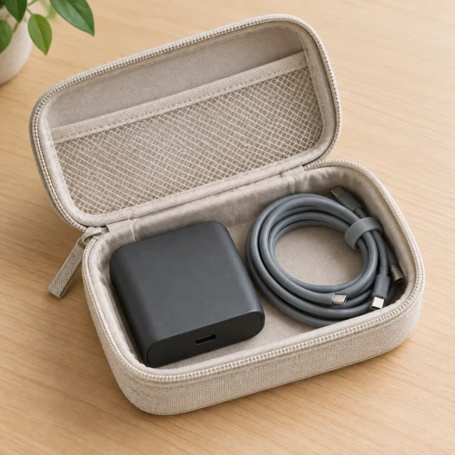 Plain compact charger and coiled cable packed inside a fabric travel pouch.