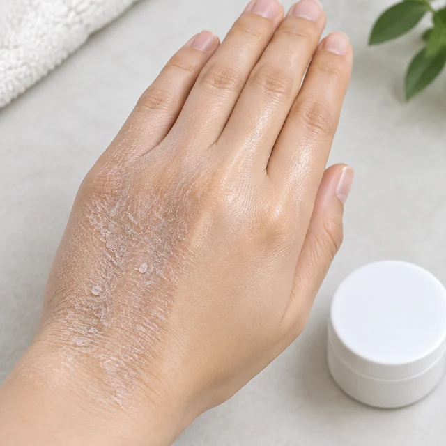 The same adult hand: dry flaky skin on the left half, a soft moisturized look on the right half, with a plain white cream jar.