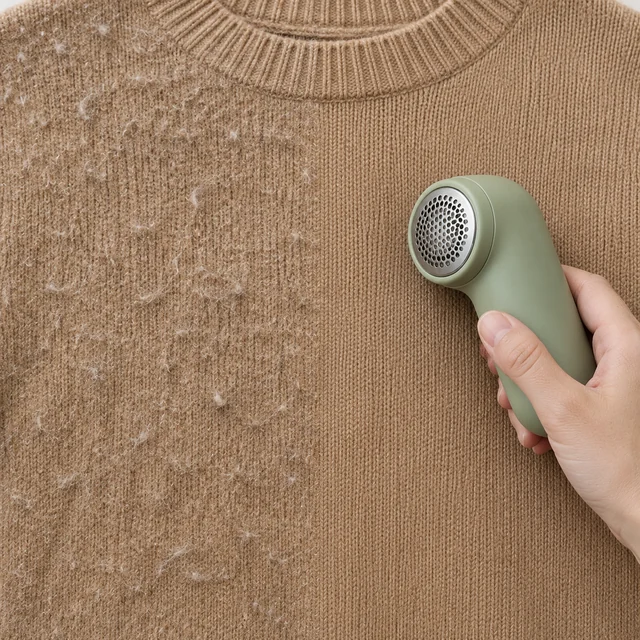 The same camel knit sweater: pills on the left half, a smooth surface on the right half, with a plain sage electric fabric shaver.
