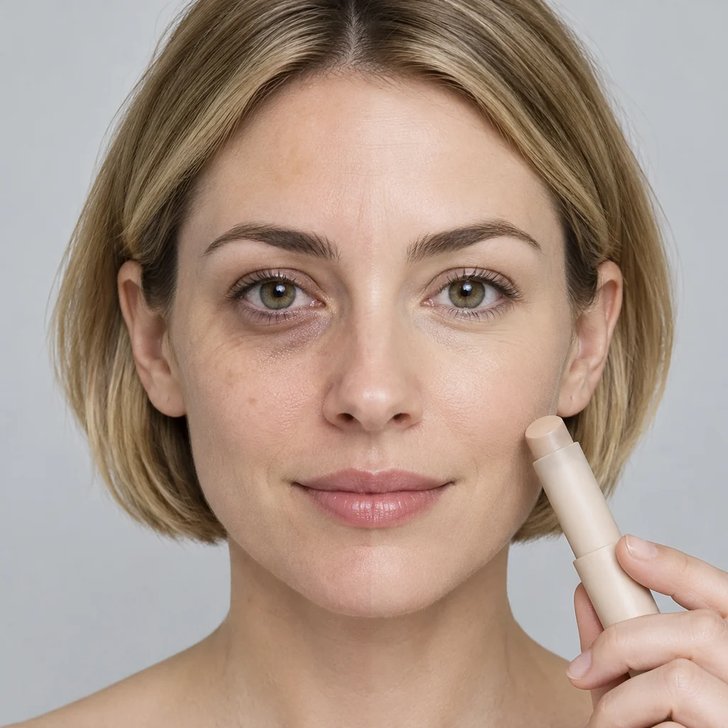 The same adult woman with a short honey-blonde bob, full face in frame: dark circles and small spots on the left half, even skin on the right half, with a plain beige concealer stick.
