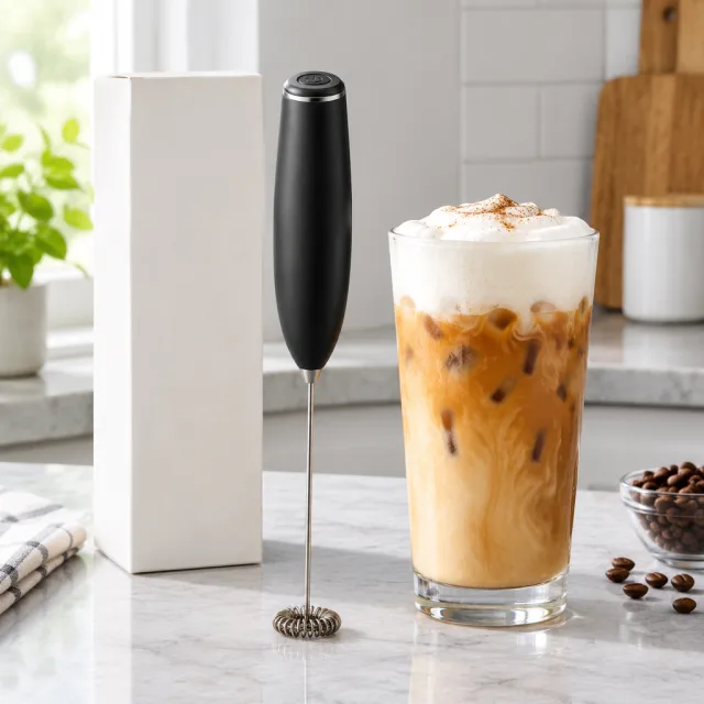 She froths milk in a black handheld frother and pours a cafe-style foam over her morning coffee at the kitchen counter.