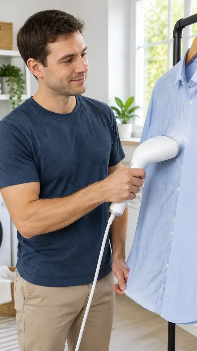 A second take of the steamer rescue for the light-blue shirt, with a closer collar-and-cuff finish.