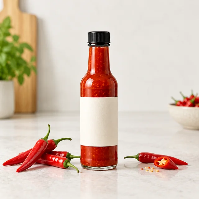 Hot sauce bottle with a black cap and blank cream label beside fresh chilies on a pale counter.