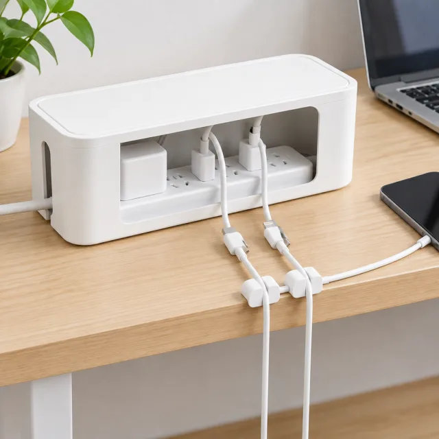 A tangle of charging cables behind the desk becomes one clipped, labeled setup with a cable organizer kit.