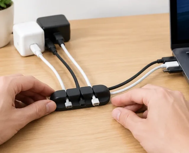A second desk rescue: black and white cables give way to a clipped white cable setup, step by step.