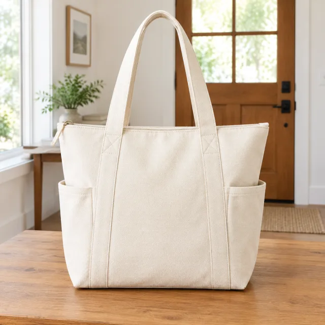 At the entryway table she loads a canvas tote the way she actually packs it: laptop, bottle, pouch, keys.