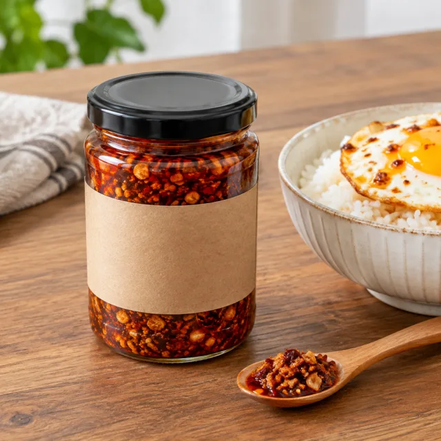 He spoons crispy chili oil over a bowl of rice and lets the crunch and the sizzle do the selling.