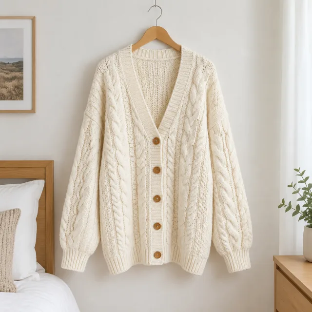 In front of a full-length mirror she styles a cream chunky-knit cardigan two ways: open over a tee, then belted.