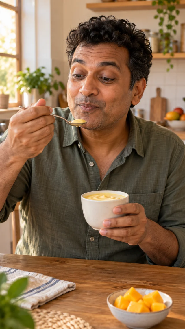 Middle-aged South Asian man tastes plain mango yogurt from a ceramic cup.