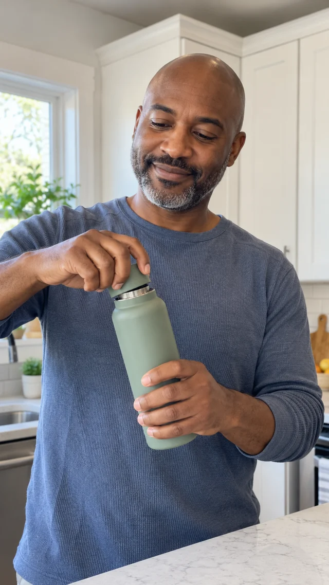 Middle-aged Black man twists open a plain sage reusable water bottle in a bright kitchen.