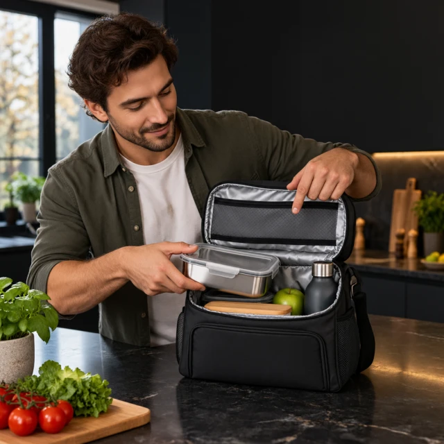 Adult man loads a stainless food container into a plain insulated lunch bag.