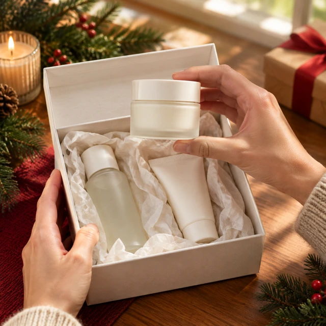 Adult hands lift a plain cream jar from a three-piece skincare gift box.