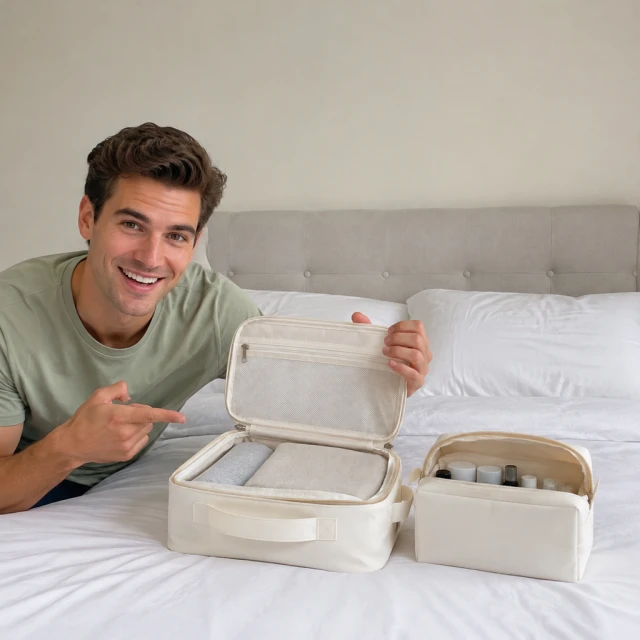 Adult man presents a plain travel organizer bundle with a packing cube and toiletry pouch on a bed.