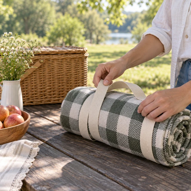 Adult hands fold a plain checked picnic blanket beside a basket in a sunny park.